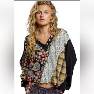 POL Knit Top with Black Base and Bright Floral and Lace Accents